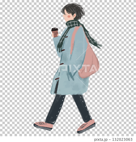 一位女士穿著休閒外套和圍巾，手裡拿著一杯熱咖啡 132023063