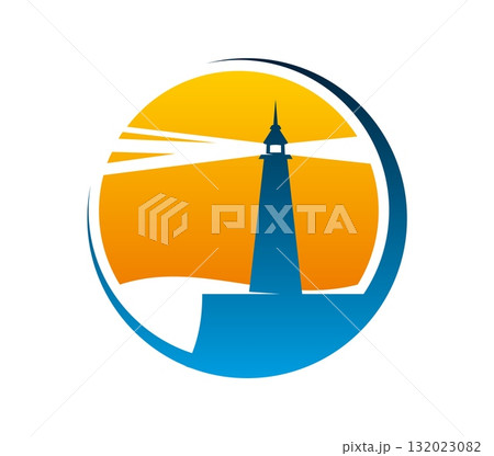 Lighthouse and beacon on shore graphic icon. Marine travel vector symbol, sea navigation beacon tower icon. Sea sailing lantern searchlight emblem with lighthouse on shore, light beam and sunset sky Lighthouse and beacon on shore graphic icon. Marine travel vector symbol, sea navigation beacon tower icon. Sea sailing lantern searchlight emblem with lighthouse on shore, light beam and sunset sky 132023082