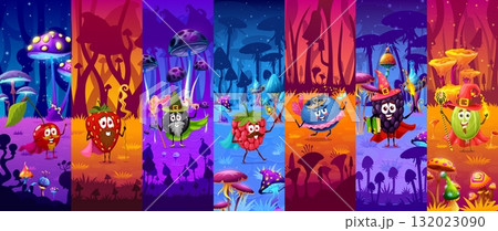 Halloween holiday berry fairy, wizard and mage characters collage in fairy forest vector background. Funny strawberry, raspberry, gooseberry and blackberry fruit characters with magic wands and hats Halloween holiday berry fairy, wizard and mage characters collage in fairy forest vector background. Funny strawberry, raspberry, gooseberry and blackberry fruit characters with magic wands and hats 132023090