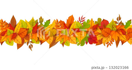Autumn border with season falling leaves. Cartoon vector fall garland, seasonal festive arrangement of natural elements for banners, invitations, or holiday events. Horizontal herbal divider or frame Autumn border with season falling leaves. Cartoon vector fall garland, seasonal festive arrangement of natural elements for banners, invitations, or holiday events. Horizontal herbal divider or frame 132023166