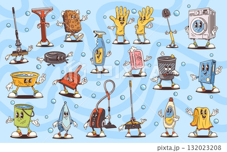 Cartoon groovy cleaning, washing and household characters. Mop, window scraper, rubber gloves, vacuum cleaner and trash bucket, detergent, household machines and tools groovy vector characters set Cartoon groovy cleaning, washing and household characters. Mop, window scraper, rubber gloves, vacuum cleaner and trash bucket, detergent, household machines and tools groovy vector characters set 132023208