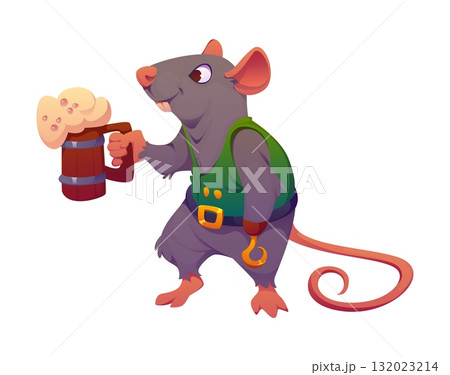 Cartoon rat animal pirate funny character. Corsair sailor, filibuster skipper funny animal isolated vector personage. Cheerful rat or mouse pirate sailor character with hand hook, holding beer tankard Cartoon rat animal pirate funny character. Corsair sailor, filibuster skipper funny animal isolated vector personage. Cheerful rat or mouse pirate sailor character with hand hook, holding beer tankard 132023214