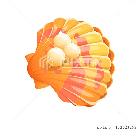 Cartoon marine yellow pearl shell or oyster clam. Underwater life valuable isolated vector pearl shell, marine rare seashell. Sea bottom precious oyster clam or ocean nature jewelry scallop mollusk 132023255