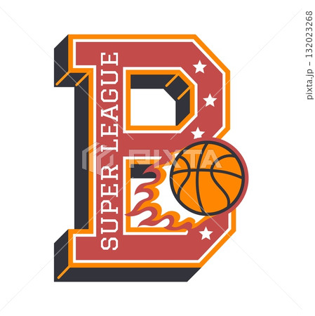 American varsity sport letter B, college team patch label. Athletic league vintage emblem vector sticker, varsity sport champion. Campus team retro badge or patch with baseball game ball in flames 132023268