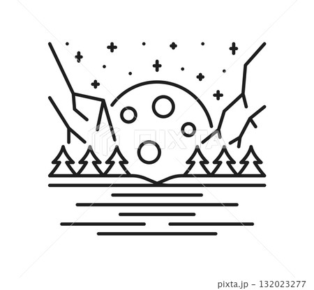 Night forest river landscape line icon or sign. Outdoor travel scene outline vector icon, nature view symbol. Mountain environment landscape sign with full moon, starry sky and trees on river bank Night forest river landscape line icon or sign. Outdoor travel scene outline vector icon, nature view symbol. Mountain environment landscape sign with full moon, starry sky and trees on river bank 132023277