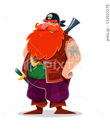Corsair pirate redhead sailor cartoon character. Strong and muscular pirate isolated vector character with big red beard and kraken octopus tattoo, wearing bandana, armed with musket rifle and sword Corsair pirate redhead sailor cartoon character. Strong and muscular pirate isolated vector character with big red beard and kraken octopus tattoo, wearing bandana, armed with musket rifle and sword 132023278