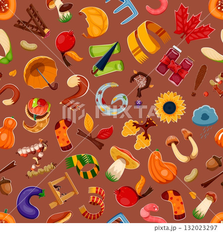 Autumn font, Thanksgiving fall typeface letters seamless pattern. Autumn fall season seamless vector backdrop. Thanksgiving pattern with rosehip, leaves, mushrooms, socks and scarfs alphabet letters 132023297