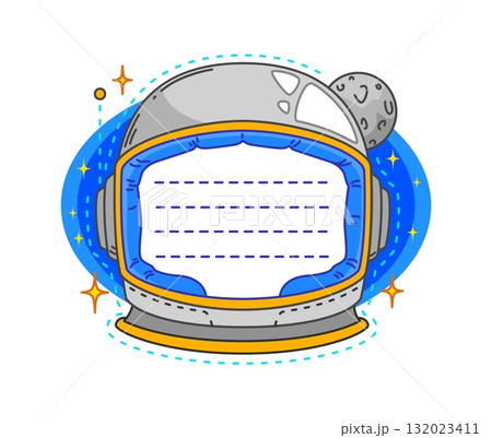 Space astronaut spacesuit helmet kids memo note frame. Blue sky scrapbook memo note, universe kids schedule vector frame. Cosmos child planner to do list label with spaceman helmet, moon and stars 132023411