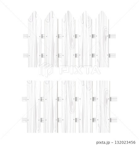 White wooden fence with nails, picket, timber textured in cartoon style isolated on white background.  132023456