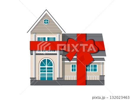 A minimal small house with a large red bow on the roof. A minimal small house with a large red bow on the roof. 132023463