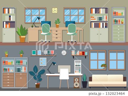 A minimalist office interior featuring a wooden table, shelves, and a chair. 132023464