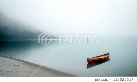 霧に包まれた静かな湖に浮かぶ一艘の木製ボート 132023517