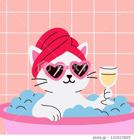 Cute Cat Enjoying Luxury Bath with Champagne Glass Cute Cat Enjoying Luxury Bath with Champagne Glass 132023605