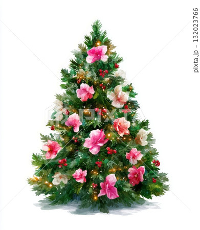 lush green Christmas tree, decorated with vibrant pink and white flowers, red berries, and warm glowing lights, against a clean white background lush green Christmas tree, decorated with vibrant pink and white flowers, red berries, and warm glowing lights, against a clean white background 132023766