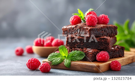 chocolate cake with fresh raspberries 132023784