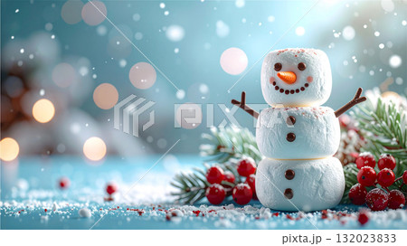 ペールブルーのクリスマスデコレーション背景のかわいいマシュマロスノーマン 132023833
