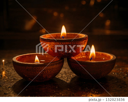 Three beautiful handmade clay Diya oil lamps burning brightly during Diwali. A traditional decoration for the Hindu festival of lights creating a warm, spiritual celebration. 132023836