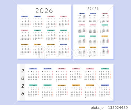 Set of 2026 yearly calendar in modern square, horizontal and portrait size layout with colorful month headers. Minimal typography, clean design, printable full year planner template. Vector. Set of 2026 yearly calendar in modern square, horizontal and portrait size layout with colorful month headers. Minimal typography, clean design, printable full year planner template. Vector. 132024489