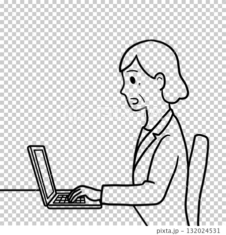 驚いた表情のシニア女性　パソコン作業中（線画のみ・横向き） 132024531