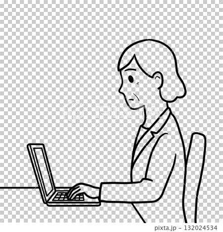 真剣な表情のシニア女性 パソコン作業中(線画のみ・横向き) 真剣な表情のシニア女性 パソコン作業中(線画のみ・横向き) 132024534