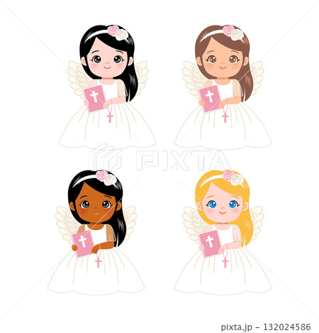 Cute girl with angel wings with bible and rosary. First communion cartoon design Cute girl with angel wings with bible and rosary. First communion cartoon design 132024586