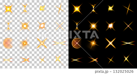Light spark effect set on transparent and black background 132025026