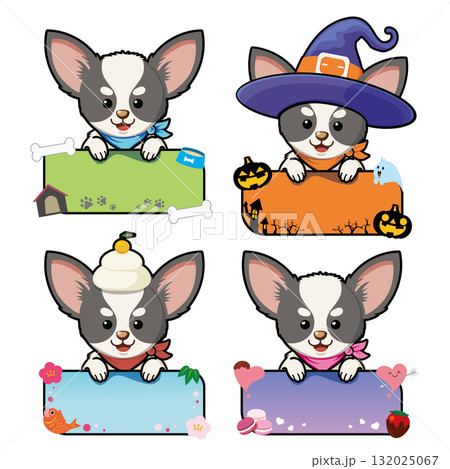 目を引く！ゆるカワ、チワワが案内する愛らしい看板イラストセット - 4種セット（ノーマル・正月・ハロ 132025067