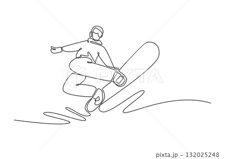 Continuous one line drawing young man wearing winter gear is airborne, executing dynamic jump with board raised, fluid motion, extreme winter sport. Single line draw design vector graphic illustration 132025248