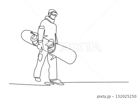 Continuous one line drawing man wearing goggles and hoodie stands carrying snowboard at their side, walking across snow. Casual style winter sport. Single line draw design vector graphic illustration Continuous one line drawing man wearing goggles and hoodie stands carrying snowboard at their side, walking across snow. Casual style winter sport. Single line draw design vector graphic illustration 132025250