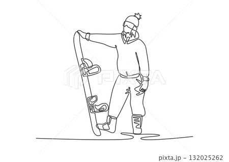 Single continuous line drawing girl wearing winter gear and beanie stands holding her snowboard, resting on snowy slope. Casual style of extreme sport. One line draw graphic design vector illustration Single continuous line drawing girl wearing winter gear and beanie stands holding her snowboard, resting on snowy slope. Casual style of extreme sport. One line draw graphic design vector illustration 132025262