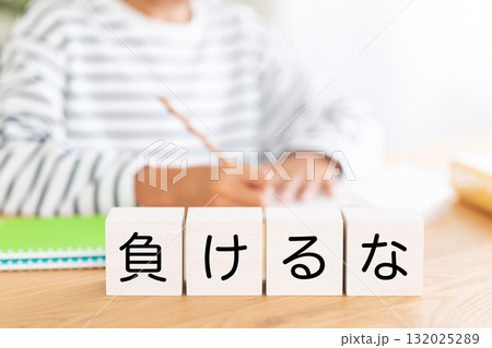 負けるなのブロックと勉強をする小学生の男の子 132025289