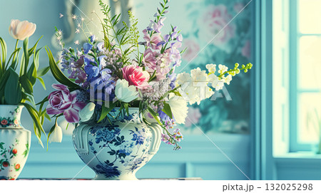 Beautiful bouquet of flowers in vase. Floral arrangement Beautiful bouquet of flowers in vase. Floral arrangement 132025298