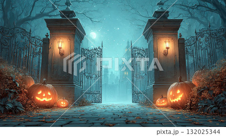 Spooky Halloween gate with glowing pumpkins and eerie fog 132025344