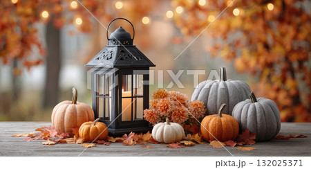 Autumn pumpkins and lantern with flowers on wooden table Autumn pumpkins and lantern with flowers on wooden table 132025371