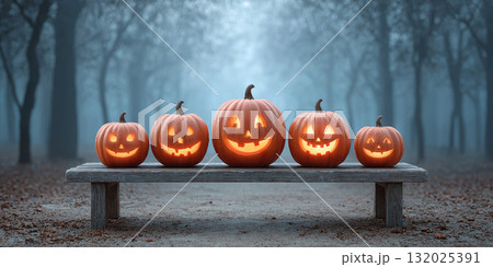 Jack o lantern pumpkin faces glowing bench spooky foggy forest 132025391