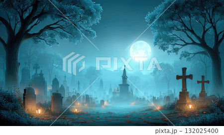 Graveyard at night with full moon and glowing lanterns 132025400