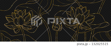 Golden lotus blooms with line art petals 132025515
