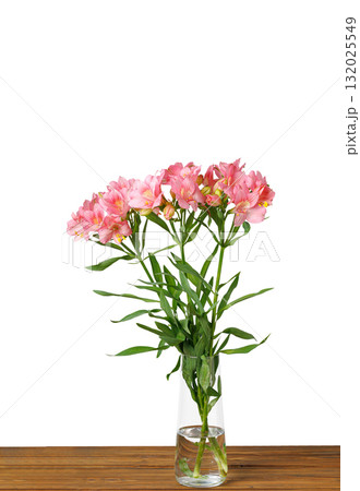 Flowers bouquet pink alstroemeria, Lily of the Incas, in vase on isolated white background 132025549