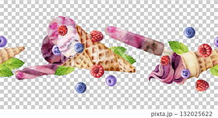 Berry gelato scoops in crispy waffle cone, ice lolly popsicles with mint leaves. Isolated seamless banner border header hand drawn in watercolor. Frozen dessert menu, artisan cafe branding, packaging. 132025622