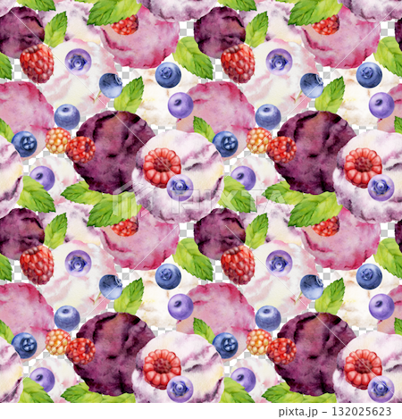 Blueberry and raspberry gelato sorbet scoops, fresh mint and scattered berries topping. Isolated illustration hand drawn in watercolor. Frozen treat insert, ice cream cafe print, food blog background 132025623