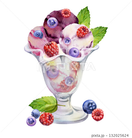 Fruit sorbet scoops in glass bowl topped with fresh blueberry, raspberry berries, mint leaves. Isolated illustration hand drawn in watercolor. Ice cream label, handmade packaging, sweet journal insert 132025624