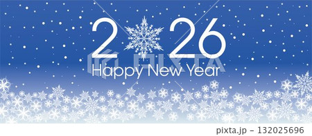 Happy New Year 2026 template with blue and white snowflakes and stars on blue gradient background. 132025696