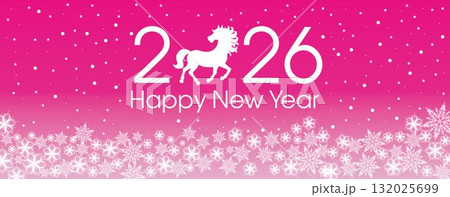 Happy New Year 2026 template with purple and white snowflakes and stars on purple gradient background. Horse symbol of the year. Happy New Year 2026 template with purple and white snowflakes and stars on purple gradient background. Horse symbol of the year. 132025699