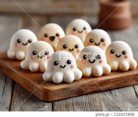 Cute octopus shaped marshmallows with smiling faces on wooden board 132025806