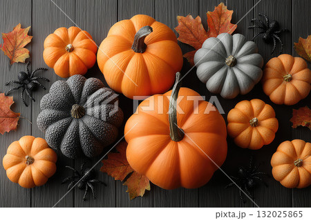 Autumn pumpkins with black spiders and fall leaves on dark wood 132025865
