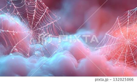 Spider web with dew drops on soft colorful background 132025866