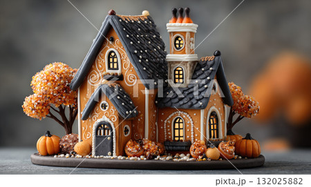 Gingerbread house with autumn decorations and warm glowing windows Gingerbread house with autumn decorations and warm glowing windows 132025882
