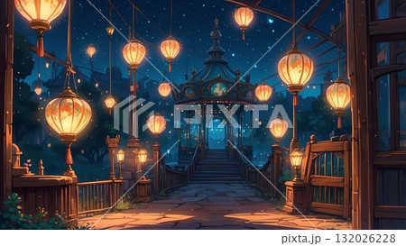 ゲーム背景　美しいライトアップされた夜のファンタジー遊園地の風景 132026228