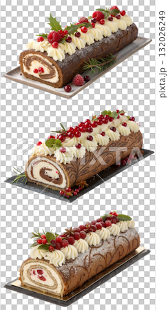 Traditional christmas yule log cake decorated with powdered sugar, meringue mushrooms and holly leaf, isolated on transparent background Traditional christmas yule log cake decorated with powdered sugar, meringue mushrooms and holly leaf, isolated on transparent background 132026249