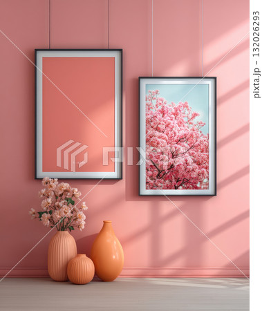 Pink wall with framed floral art and orange vases creating warm Pink wall with framed floral art and orange vases creating warm 132026293